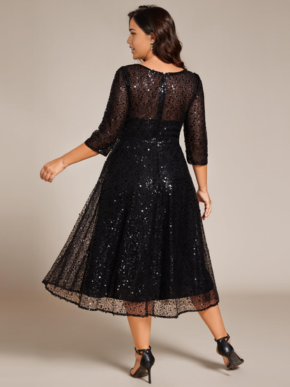 Vestido de noche formal con lentejuelas, talla grande, corte A, mangas 3/4, vestidos de fiesta 
