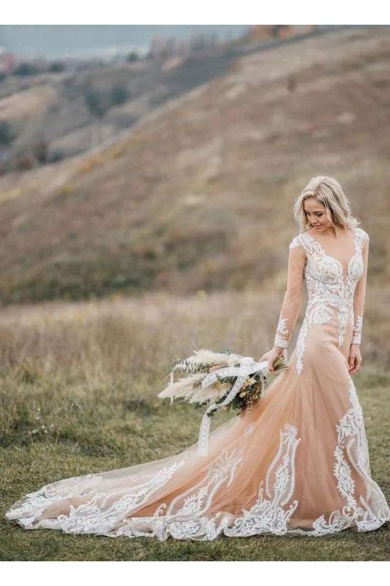 Boho Mermaid V-Neck Long Sleeves Appliques Ball Gown Bride Dresses Wedding Dress