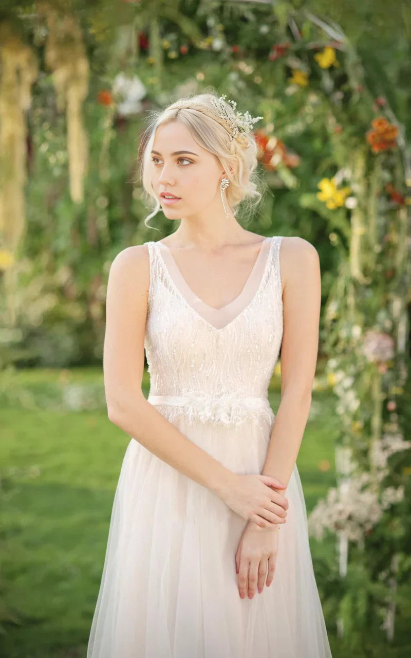 A-line Chiffon Tulle Lace Weddig Dress With Beading Sequins