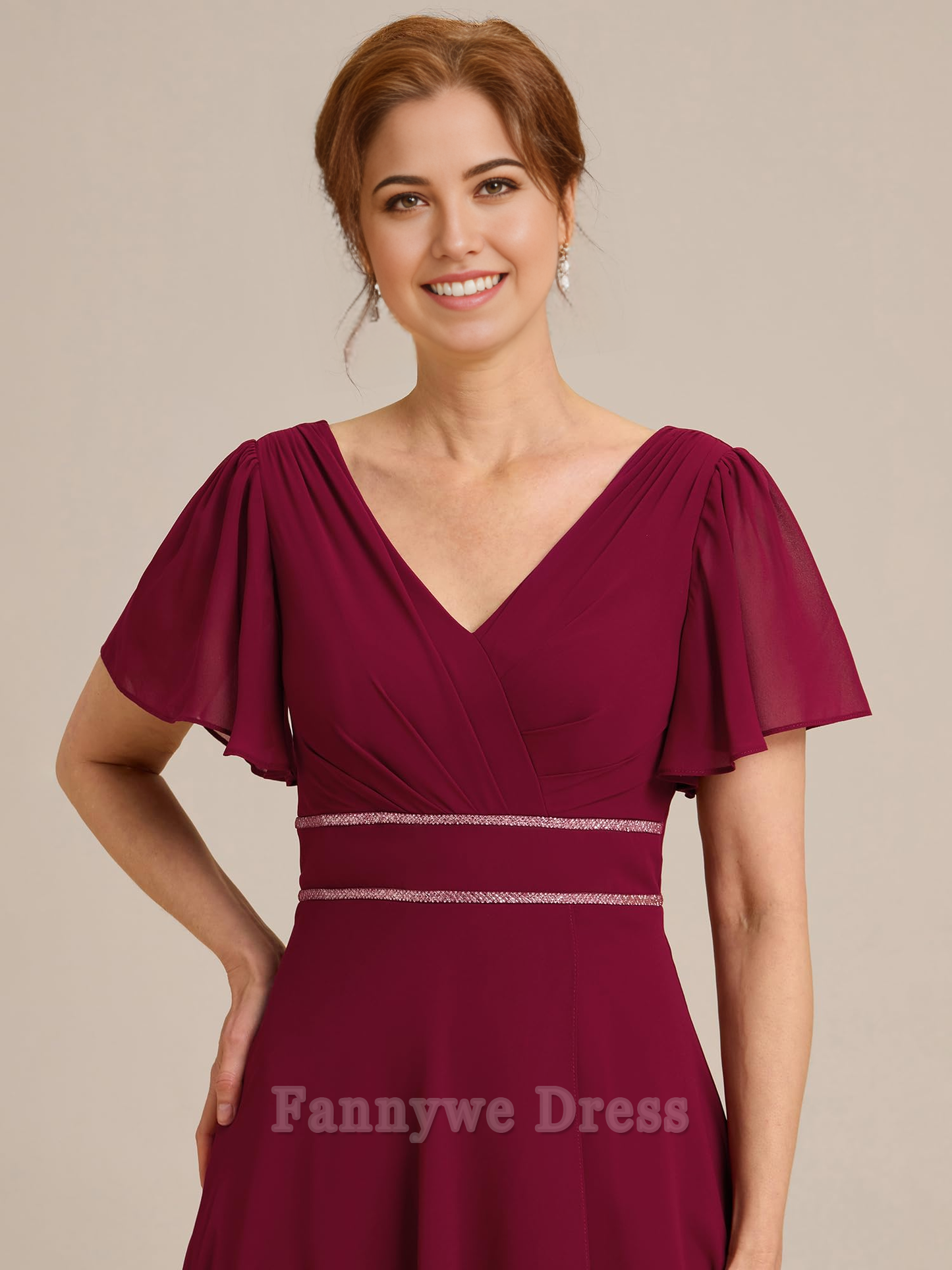 A-Linie V-Ausschnitt Rüschenärmel Plissee Chiffon Abendkleider Brautjungfernkleider Abendkleid Ballkleid 