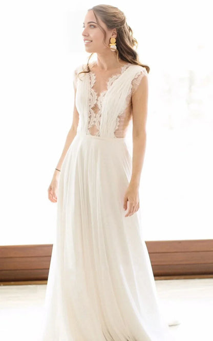 A-Line Neckline Chiffon Lace Wedding Dress With Open Back And Pleats