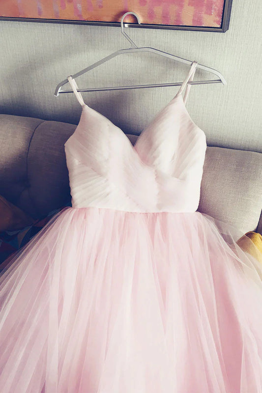 Simple v neck tulleprom dress