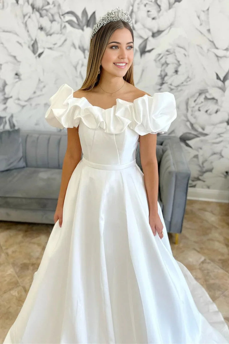 A-line Off-the-Shoulder Ruffle Long Bridal Gown Wedding Dresses