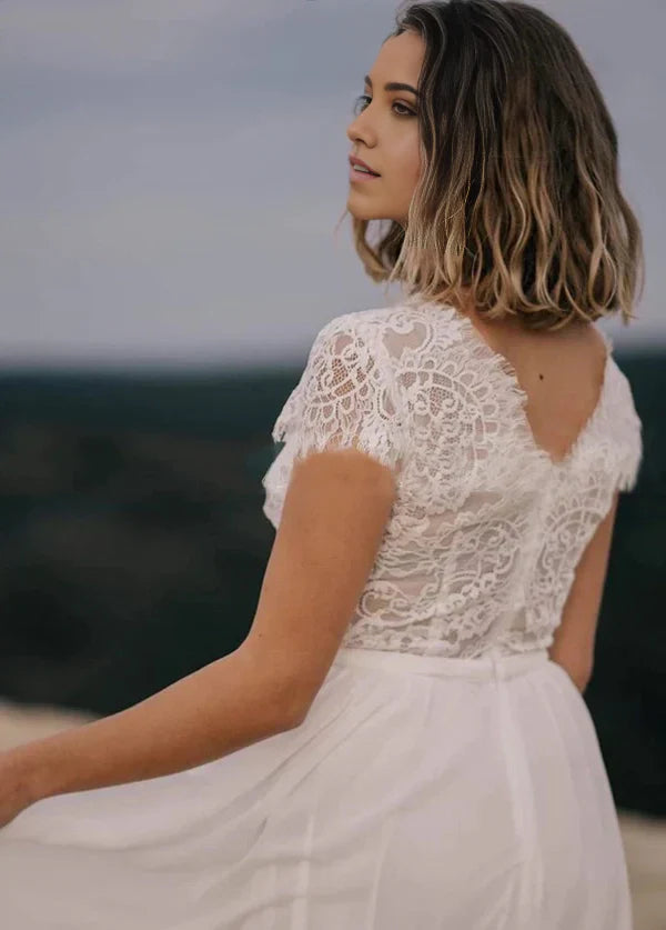Boho A-Line V-Neck Chiffon Through Lace Wedding Dress
