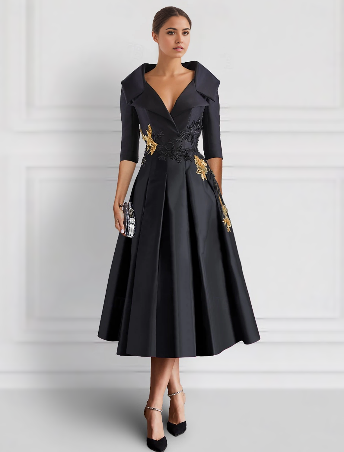 Black Purple Embroidered A-Line Cocktail Dresses Mother of Bride Elegant Formal Ankle Length 3/4 Length Sleeve Shirt Collar Pocket Satin with Appliques