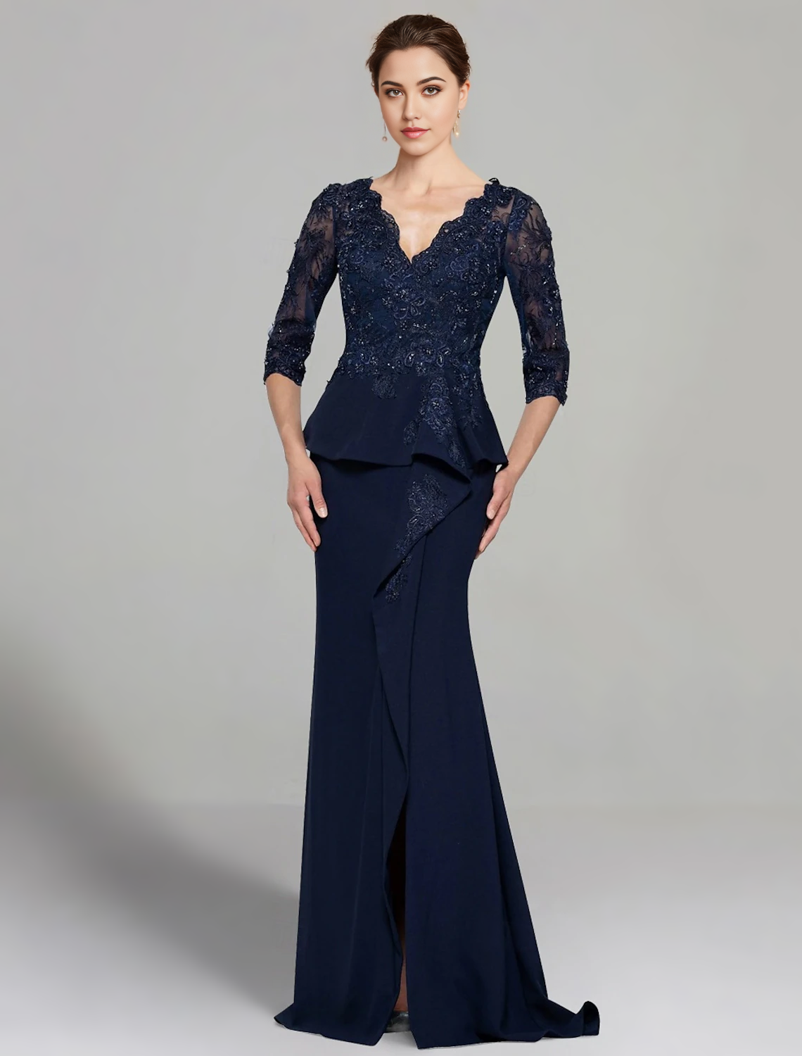 Sheath / Column Dress Mother of the Bride Dress Elegant V Neck Floor Length Stretch Chiffon 3/4 Length Sleeve with Lace Pleats Solid Color