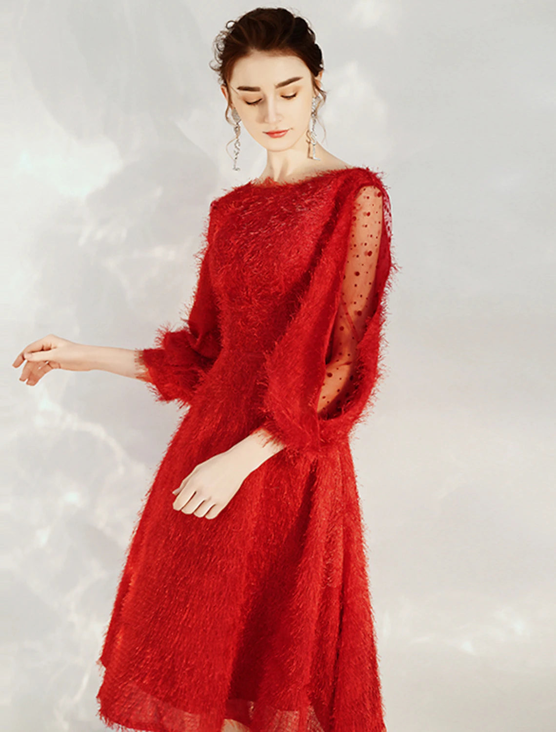 Vestido de cóctel de corte A, estilo princesa, largo hasta la rodilla, manga 3/4, cuello joya, nailon con faja/cinta, color puro.