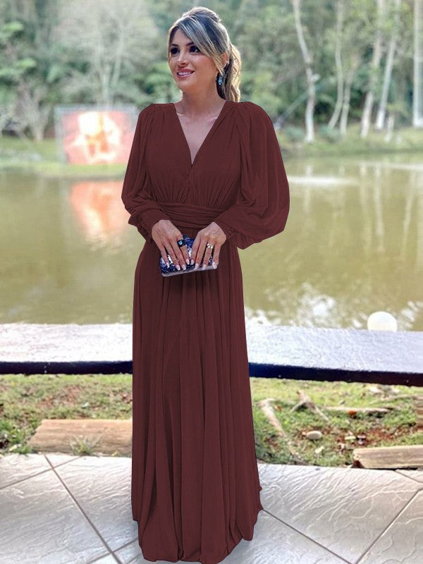 A-Line/Princess Chiffon Ruffles V-neck Long Sleeves Floor-Length Mother of the Bride Dresses