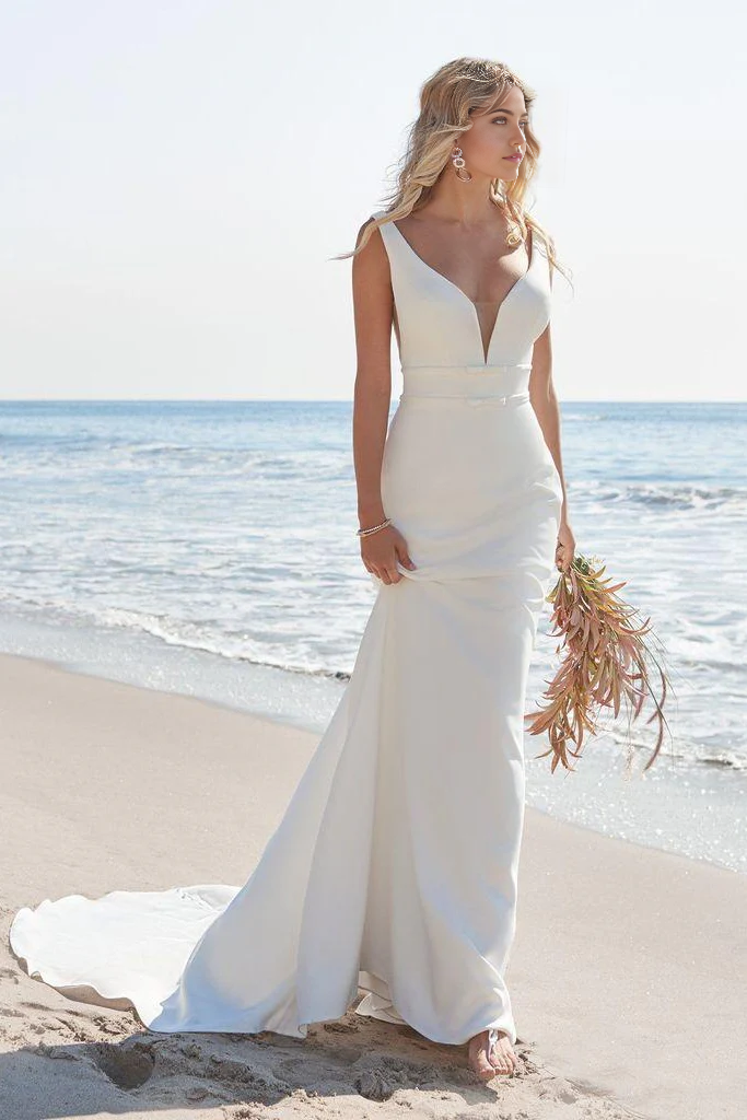 Mermaid Beach Elegant V Neck Satin Wedding Dresses