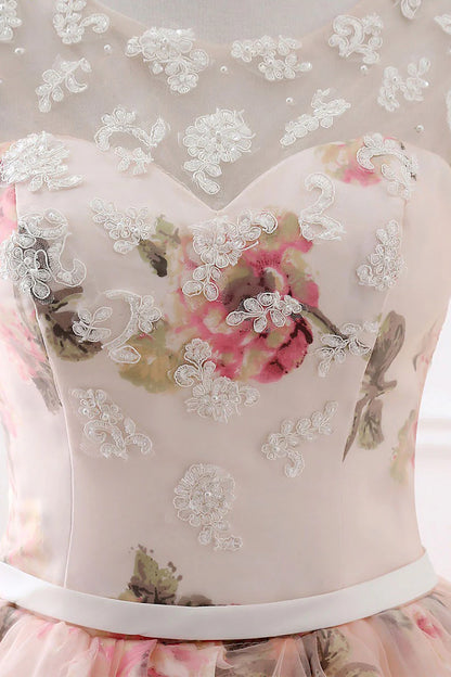 Round neck printing long prom gown