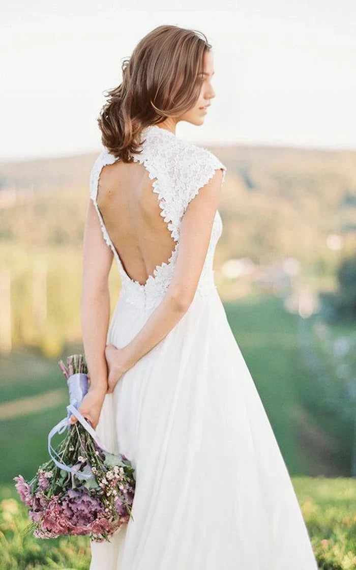 Boho Lace Floor-Length Cap Dress Wedding Dresses With Keyhole Back