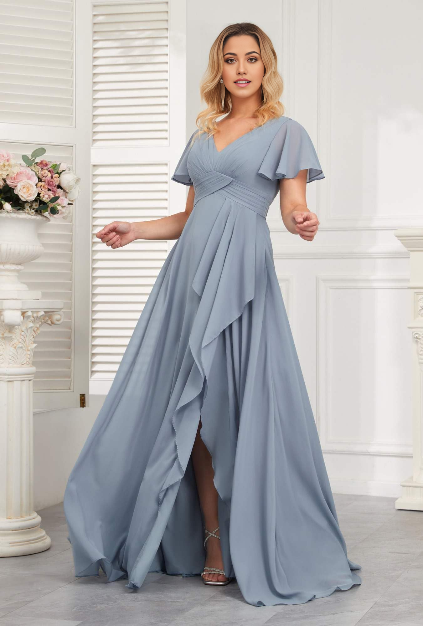 A Line V Neck Flutter Sleeve Chiffon formal dresses Bridesmaid Dresses evening gown Prom Dress With Side Slit