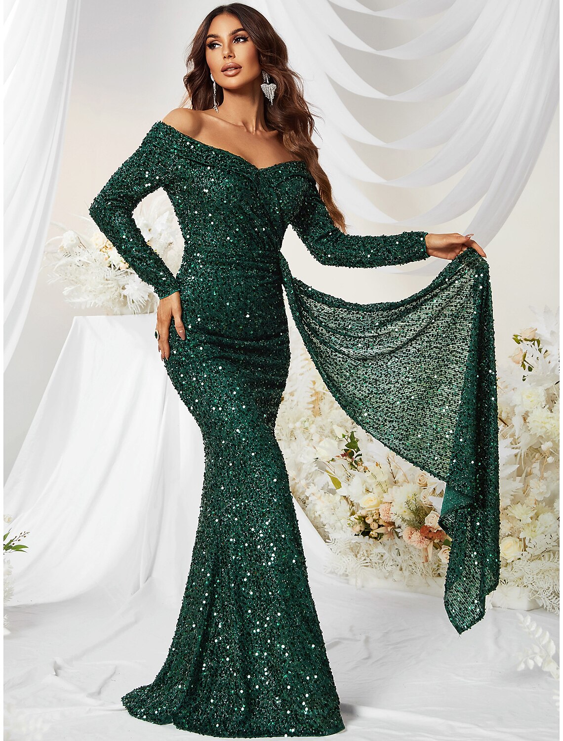 Mermaid / Trumpet Evening Gown Sparkle & Shine Dress Formal Sweep / Brush Train Long Sleeve Off Shoulder Polyester with Sequin