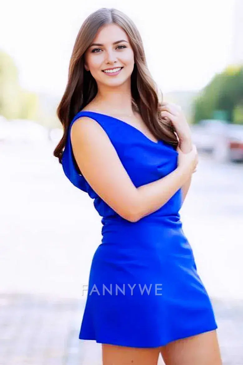 FannyWe Simple Asymmetrical Royal Blue Neck Cowl Neck Bodycon Short Cocktail Dress formal wear dresses