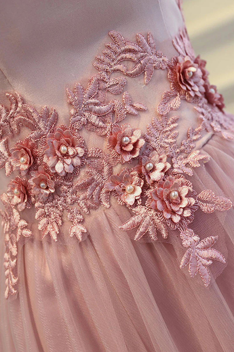 Vestido de fiesta largo de tul con hombros descubiertos y corte A