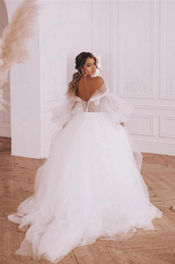 A-Line Boho Detachable Long Puff Sleeve Wedding Dresses