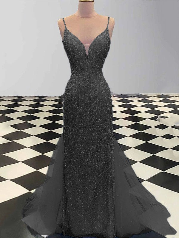 Sheath/Column Spaghetti Straps Sleeveless Tulle Sequin Sweep/Brush Train Dresses