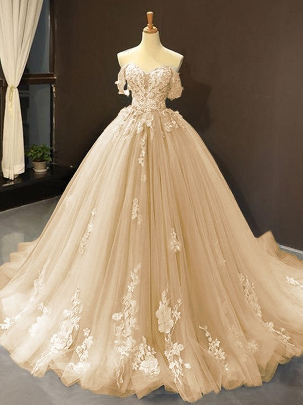 Ball Gown Tulle Off-the-Shoulder Sleeveless Applique Sweep/Brush Train Dresses