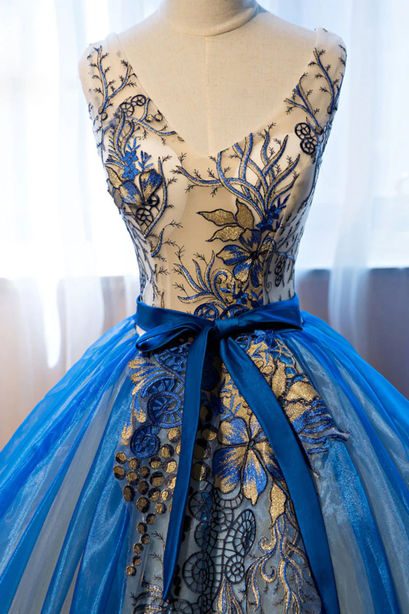 Unique v neck embroidery long prom dress