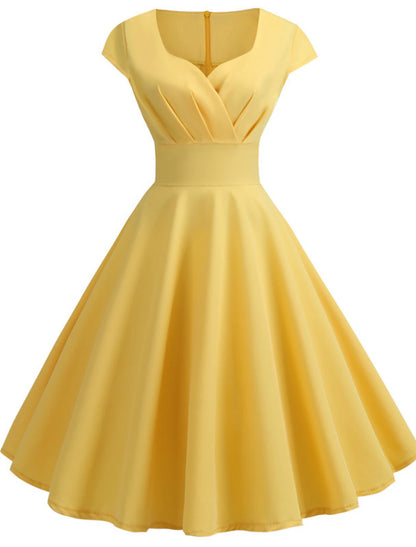 A-Line Party Dresses Vintage Dress Holiday Knee Length Short Sleeve V Neck Spandex with Pleats Print