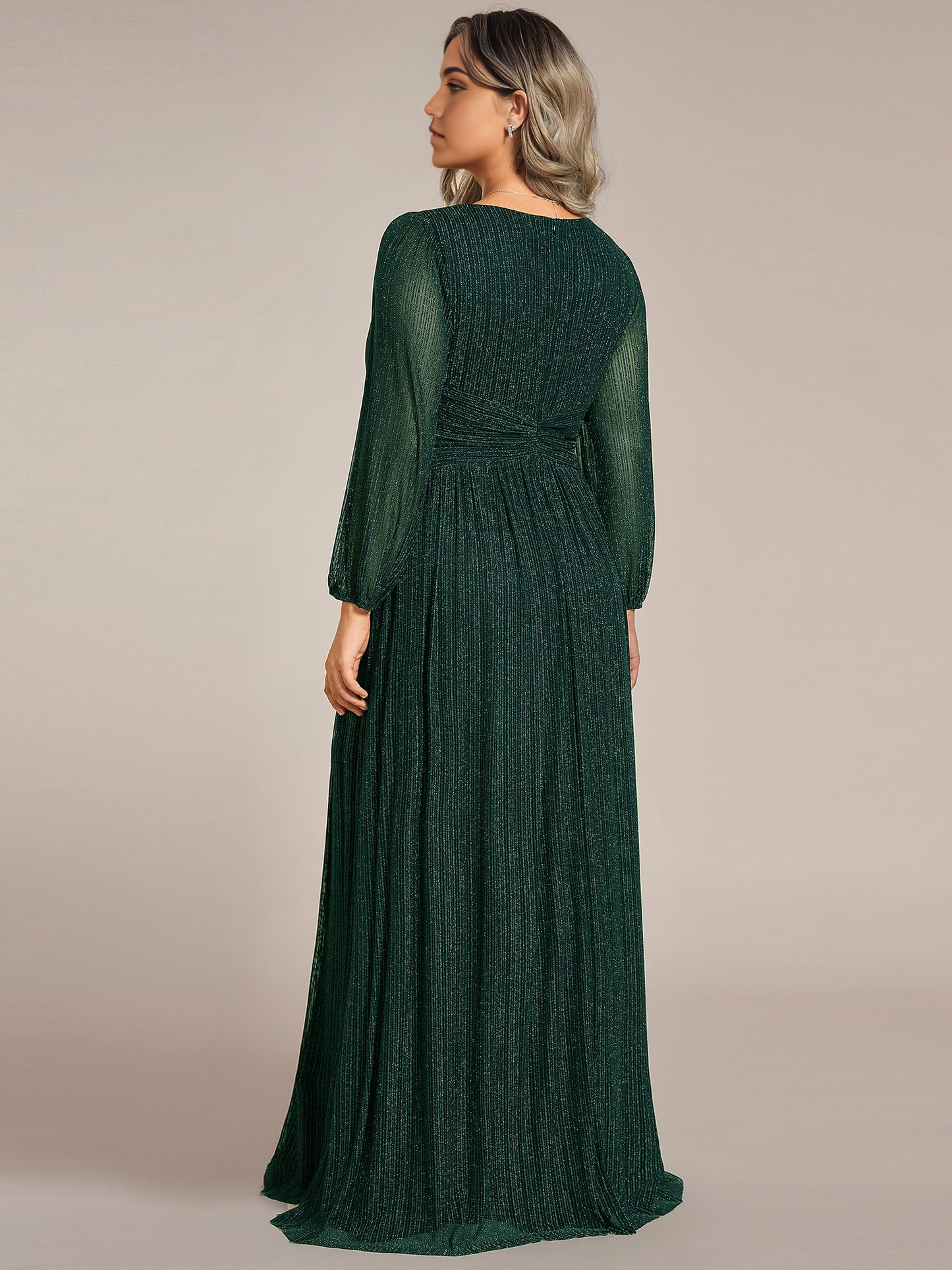 Plus Size A-line V Neck Pleated Floor Length Glitter Long Sleeves evening gown formal dress Prom Dresses