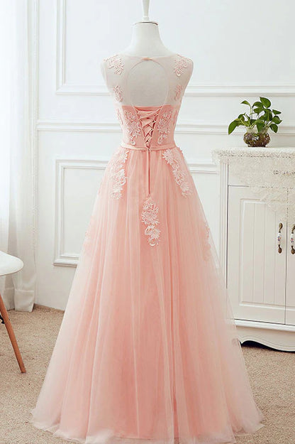 Round neck tulle lace applique long prom dress