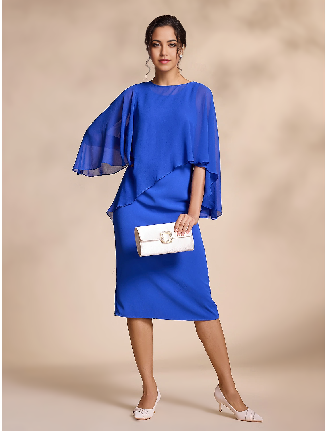 Two Piece Blue Chiffon Causal Round Sleeve Midi Mother of the Bride Dress dress to impress