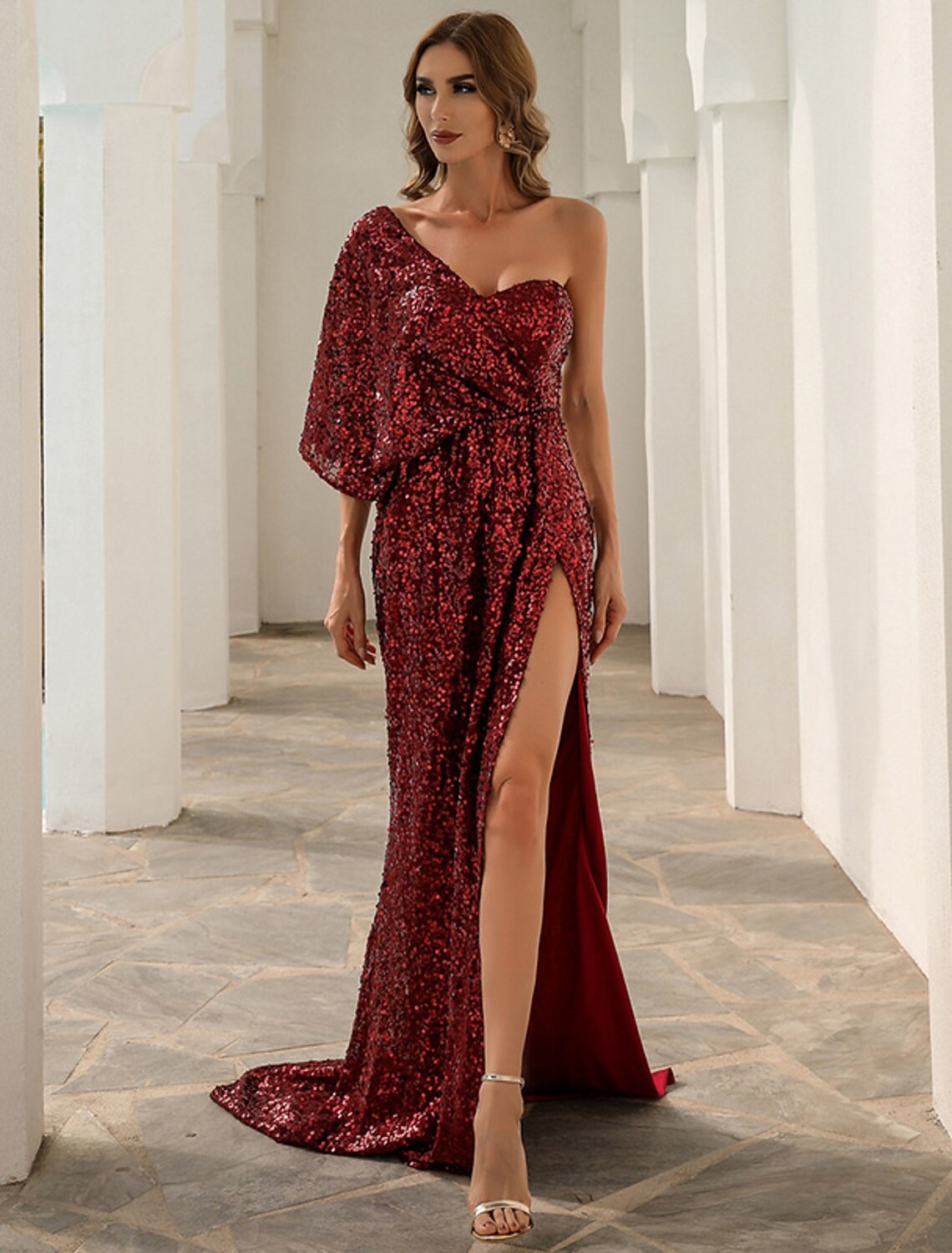 A-Line Evening Gown Sparkle & Shine Dress Formal Court Train Sleeveless One Shoulder Polyester with Sequin Slit