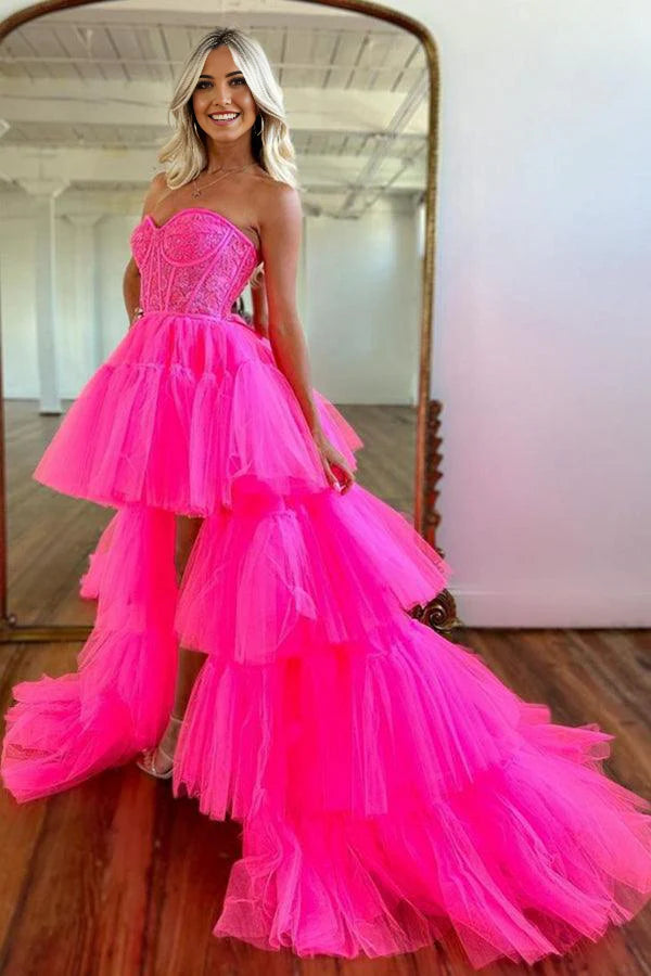 Vestido de noche de fiesta con escote corazón, color rosa intenso, de capas altas y bajas