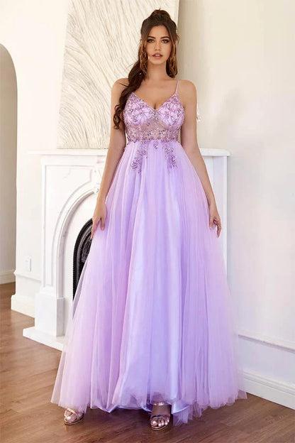 A-Linie Tüll Schlitz Lila Langes Ballkleid mit Perlenbesatz