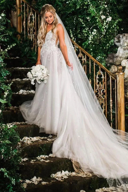 A Line Elegant V Neck Beads Tulle Long Backless Ball Gown Bride Dresses Wedding Dresses