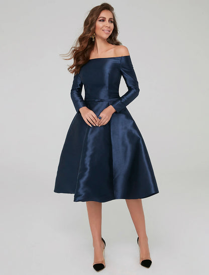 Vestidos de fiesta para ocasiones especiales, corte A, para invitadas de boda, largo hasta la rodilla, manga larga, hombros descubiertos, satén con pliegues