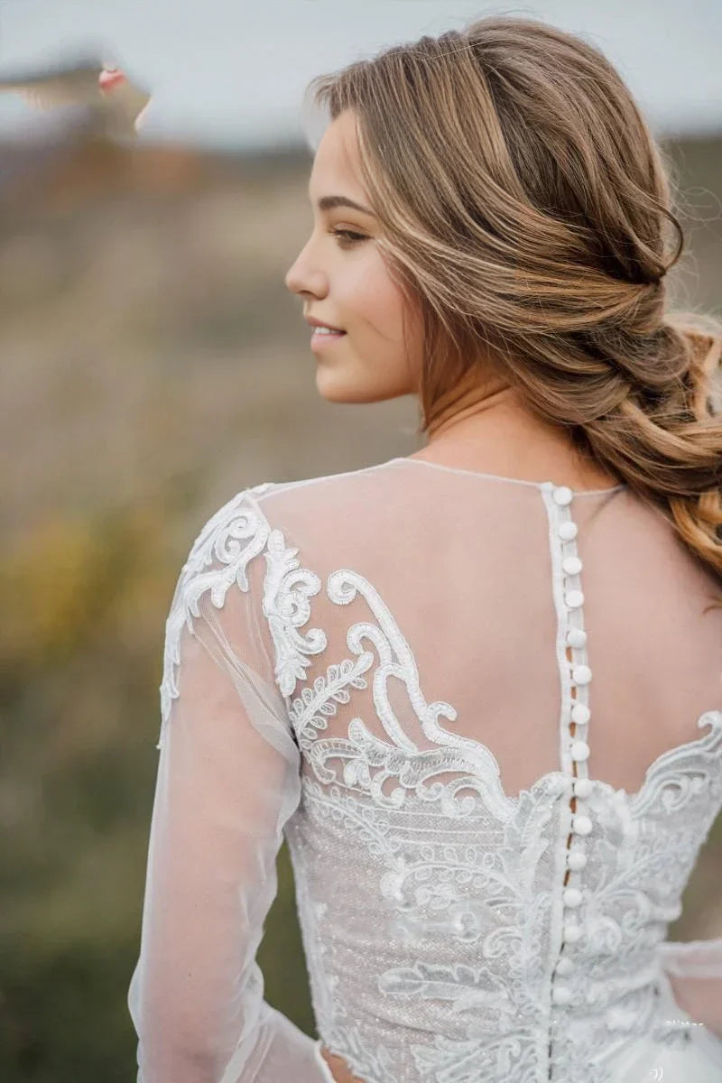 Two Piece Bohemian Illusion Sleeves Lace Court Train Wedding Dress