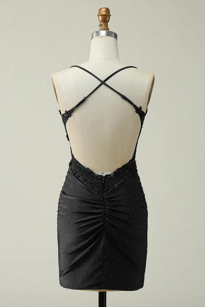 Sheath Spaghetti Straps Short Homecoming Dress with Appliques