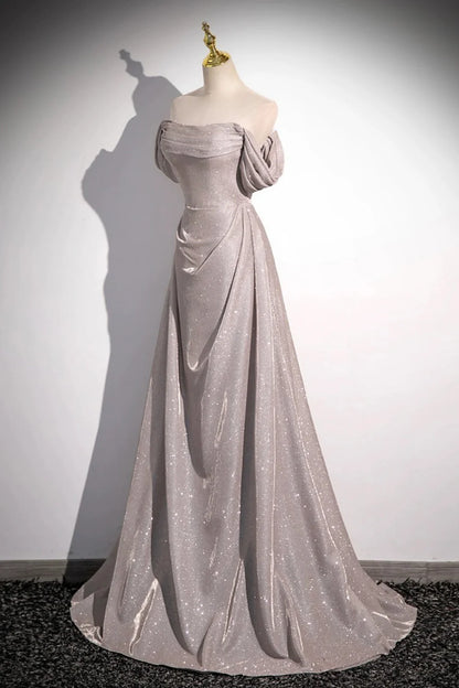 Pailletten Rüschen Langes Schulterfreies Kurzarm Abendkleid mit Sweep-Schleppe