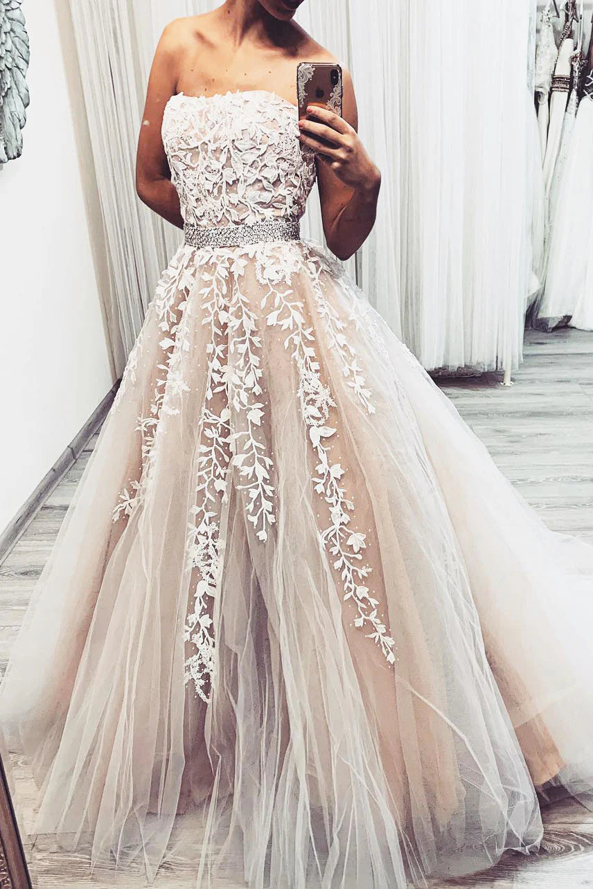 Tulle lace long prom dress