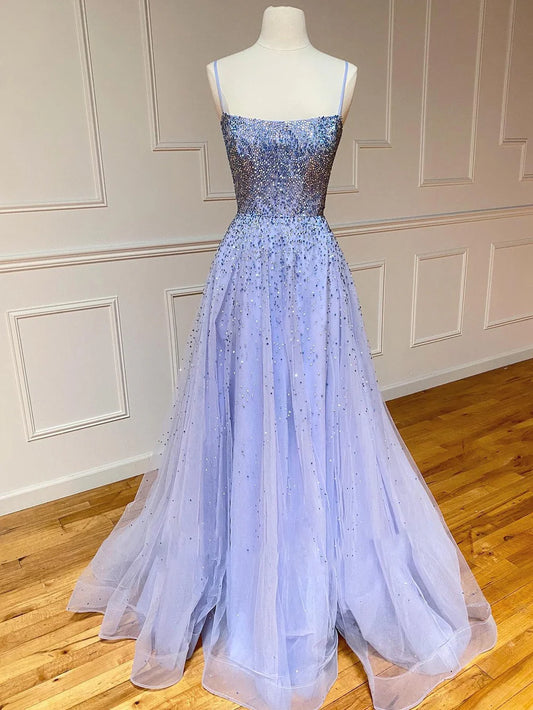 A-line Glitter Tulle Long Prom Dress