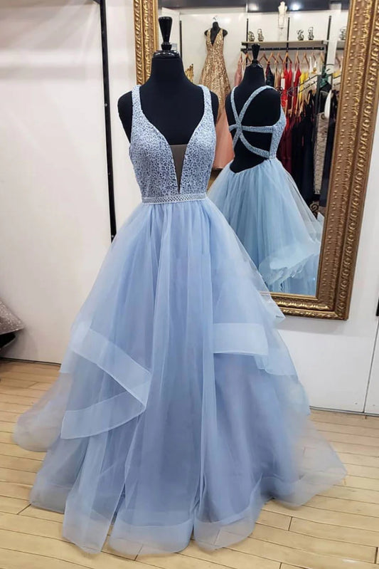 V neck tulle long prom dress