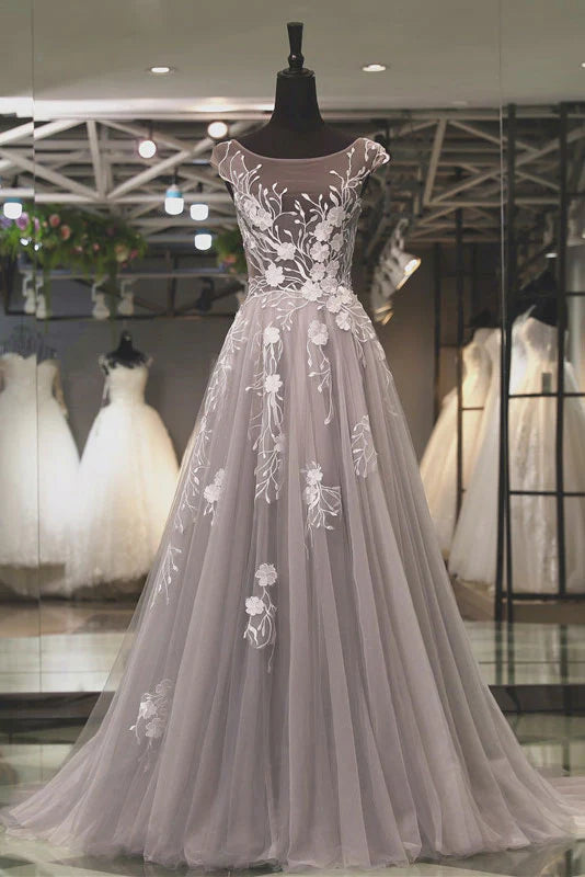 Tulle lace applique long prom dress