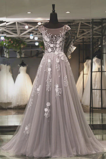Tulle lace applique long prom dress