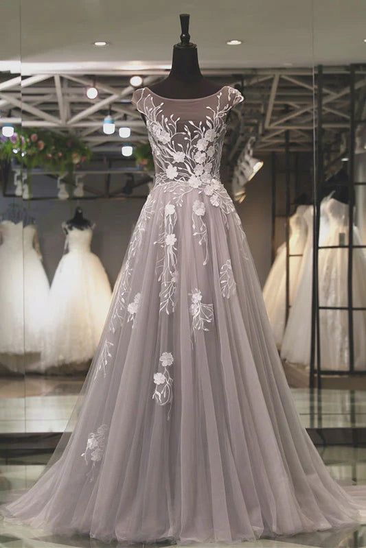 Tulle lace applique long prom dress