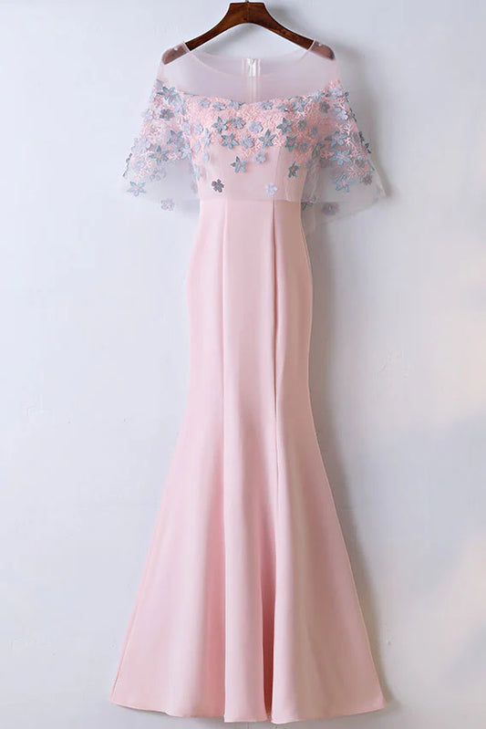 Round neck satin lace applique long prom dress
