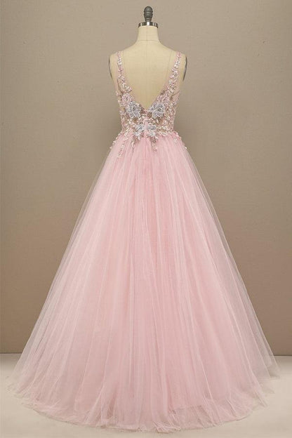 A line V Neck Tulle Lace Prom Dress