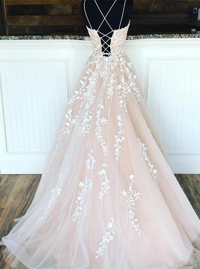 A-line Round Neck Tulle Lace Prom Dresses