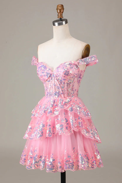 A Line Cute Sparkly Tiered Corset Lace Short Homecoming Dress