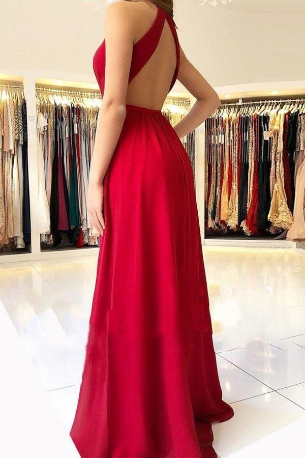 Chiffon Halter Side Slit Long Prom Dresses