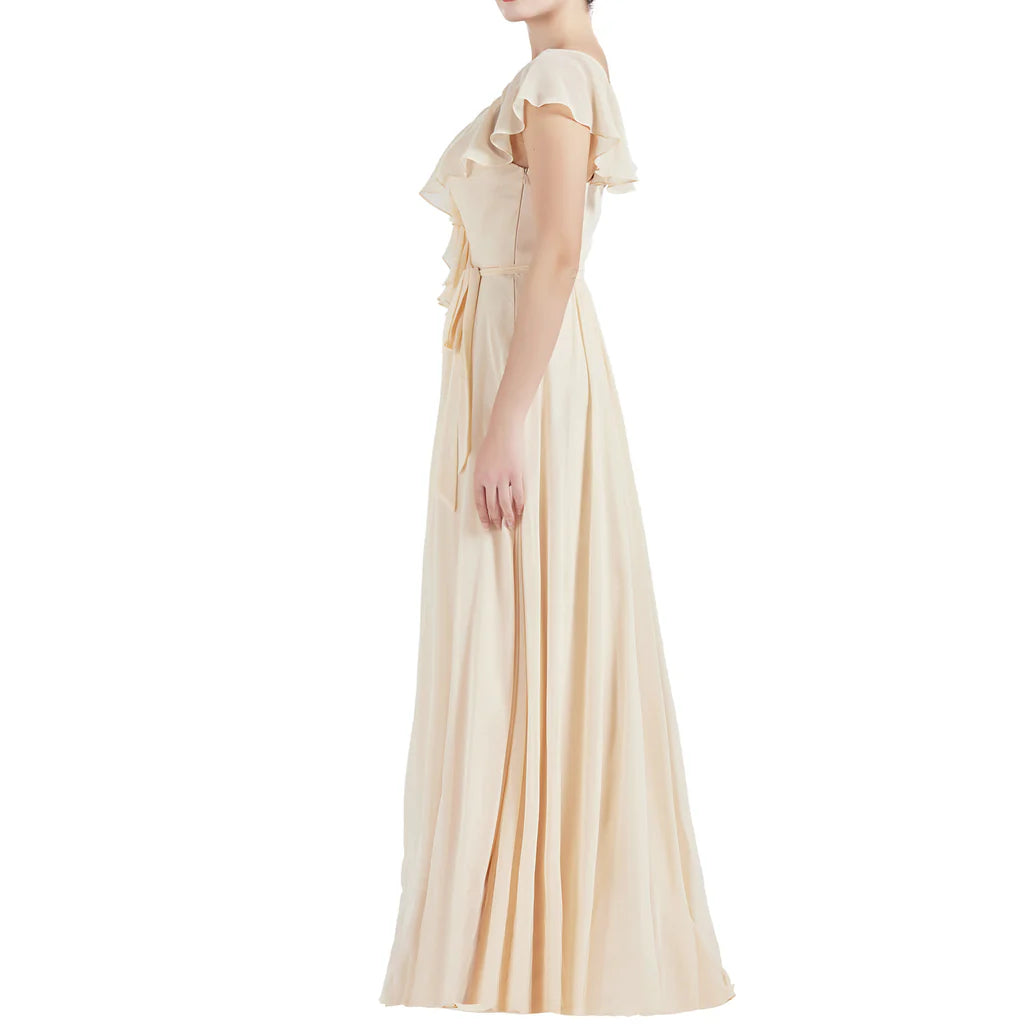 V Neck Ruffle Cap Sleeves Long Bridesmaid Dresses