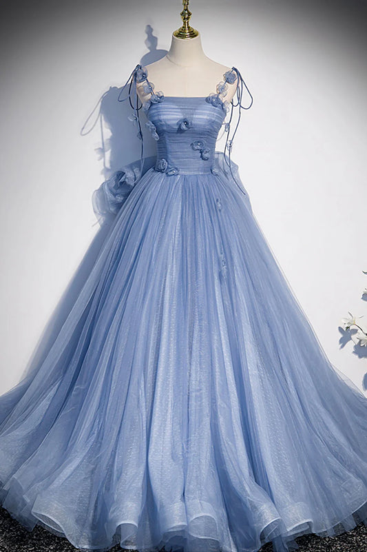 A-Linie Tüll Lange Spaghettiträger Partykleid Ballkleid mit Schleife