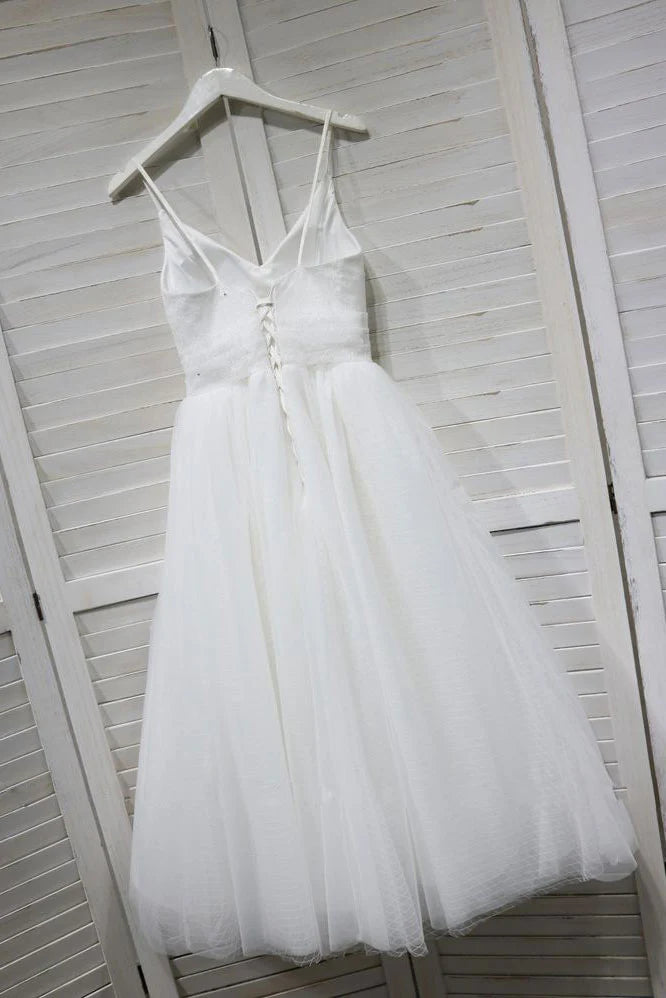 Tulle V neck lace tea Length prom dress