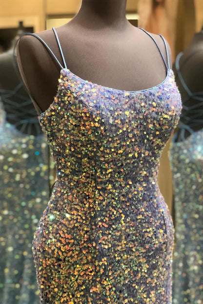 Meerjungfrau-Abschlussballkleid mit Spaghettiträgern und Pailletten, langem Rücken